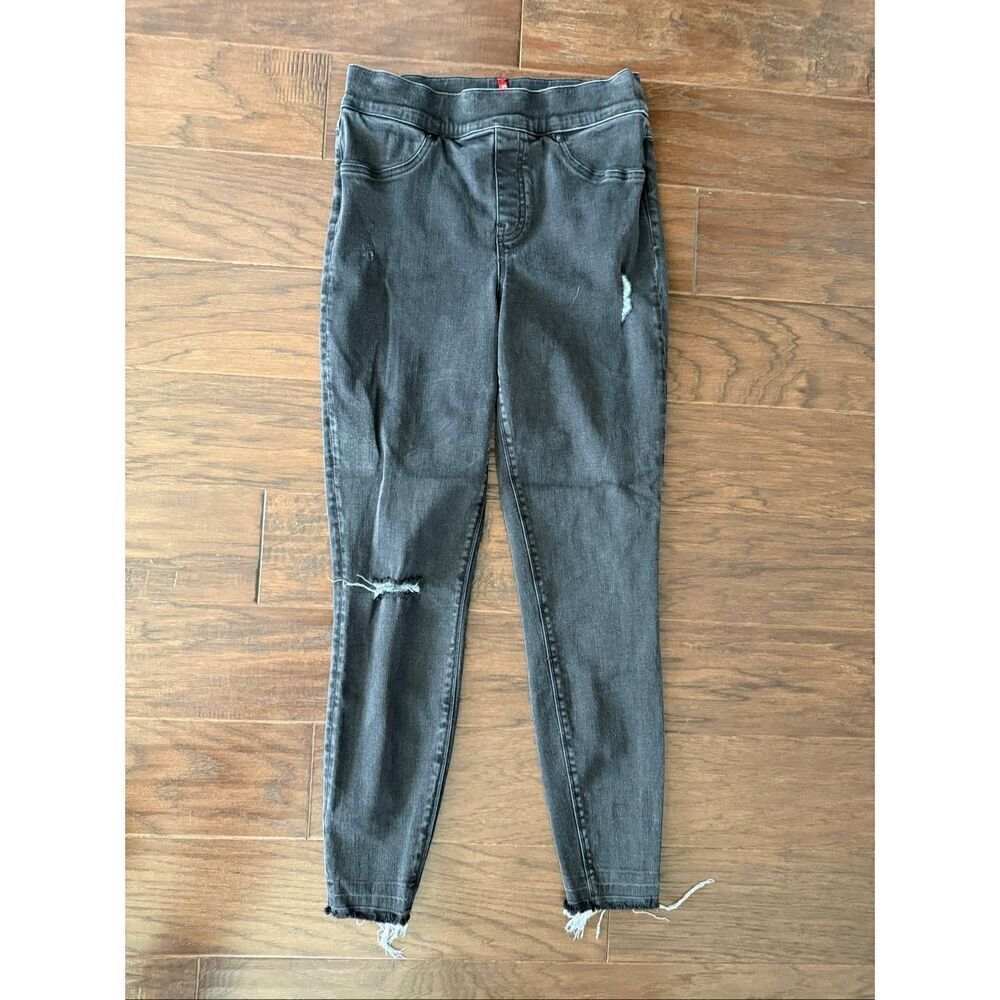 SPANX Black Gray Distressed Pull on Skinny Jean Leggings Medium